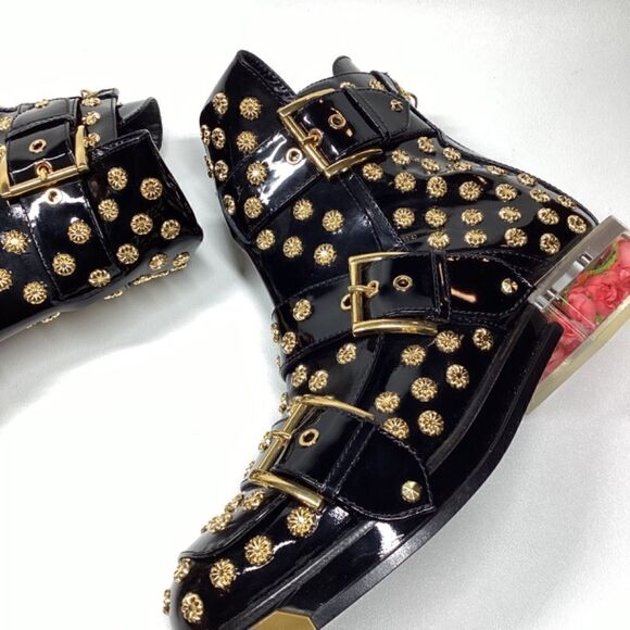 Alexander McQueen Runway Black Leather Ankle Boots with Floral Block Heels - Picture 8 of 17